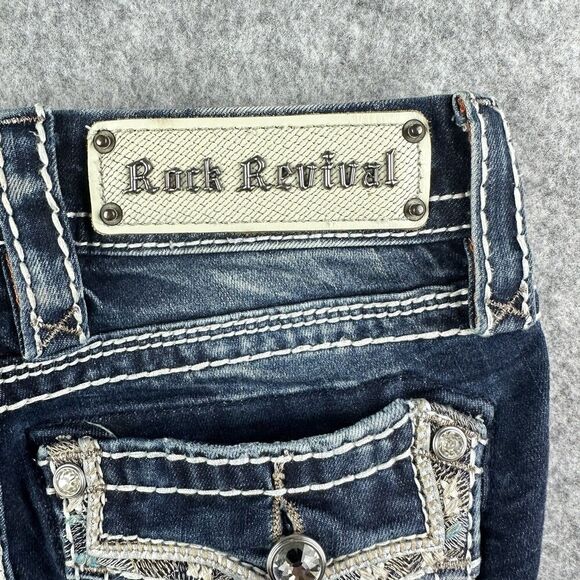 Rock Revival Meri Crop Jeans Womens 22 Dark Wash Faux Flap Embroidered Western - Picture 10 of 16
